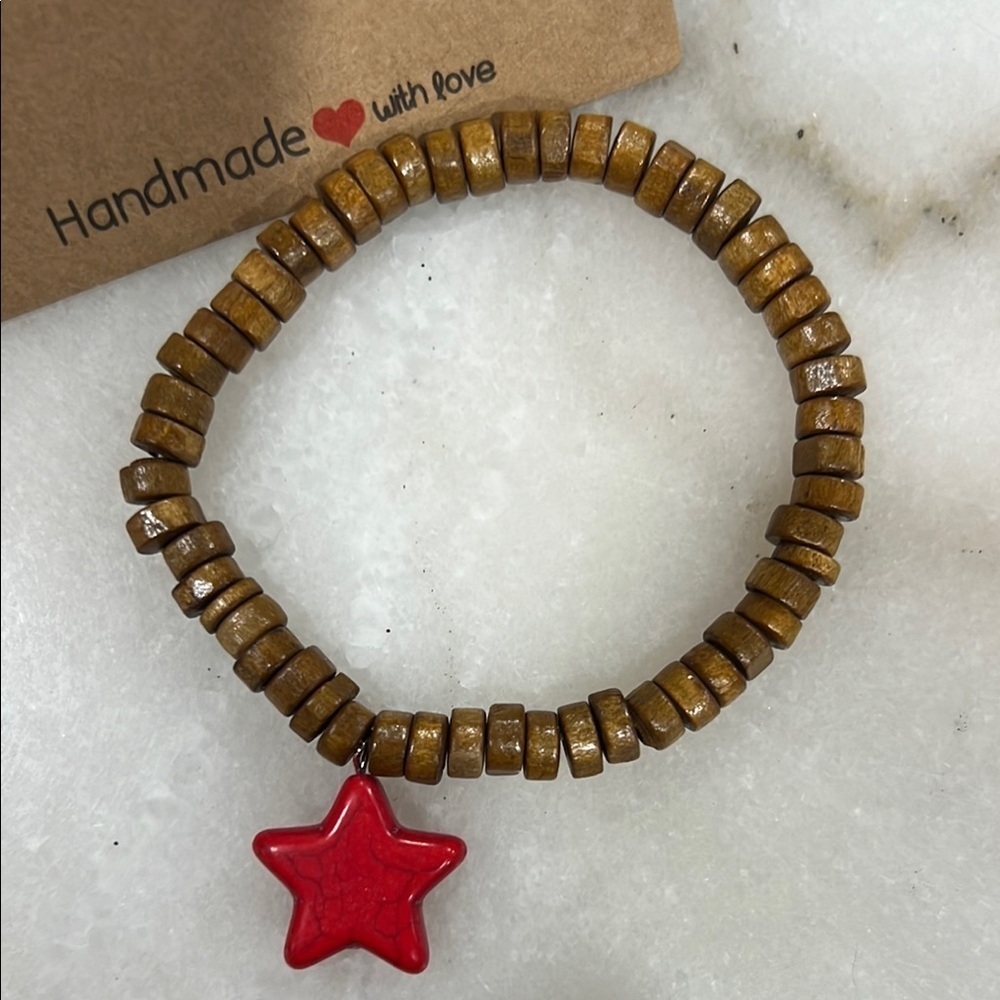 Wooden Bead Bracelet with Wagnerite Red Star Charm - Picture 2 of 3